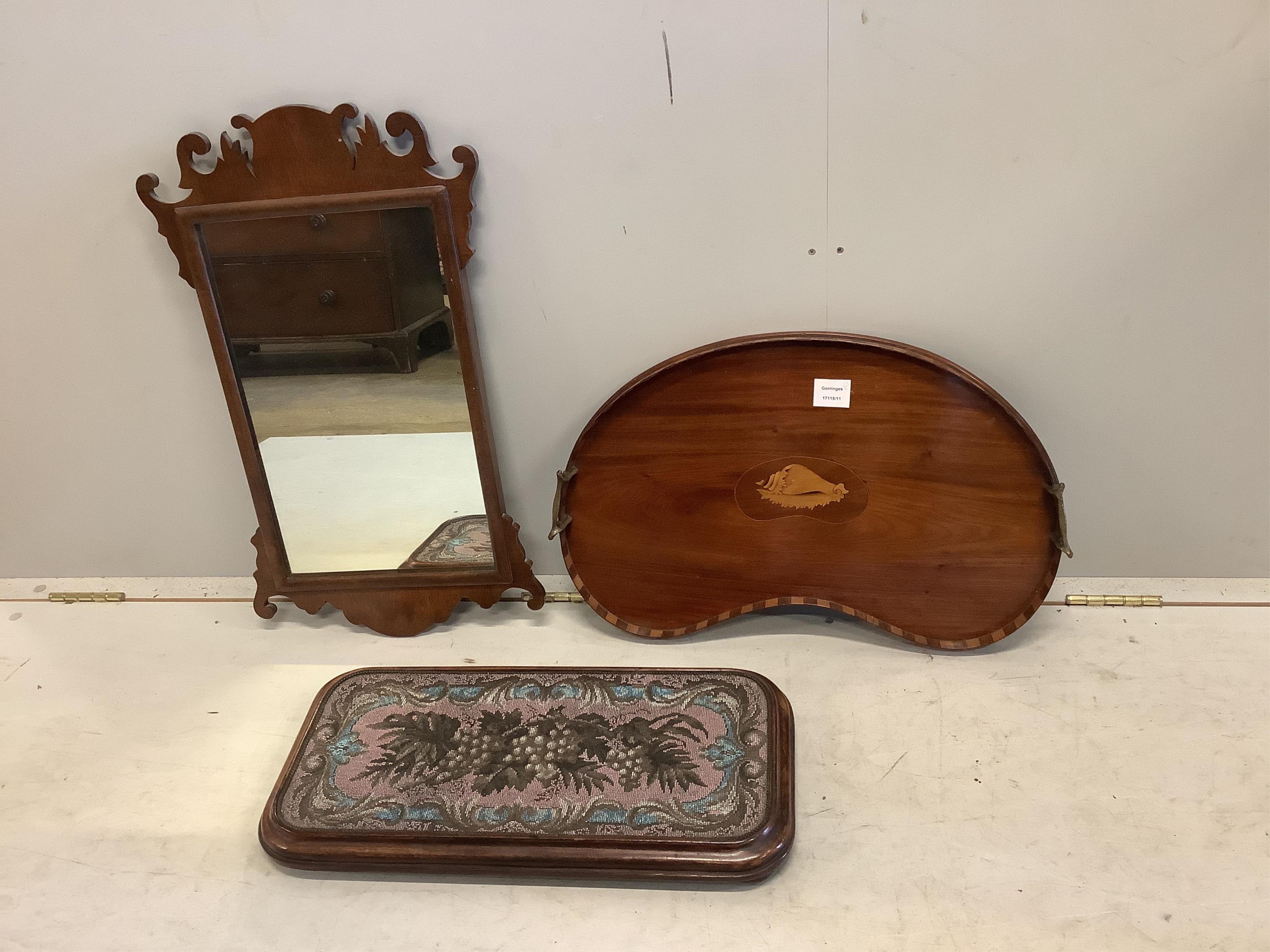 A Victorian rectangular beadwork stand, width 55cm, an Edwardian inlaid tea tray and a fret cut wall mirror. Condition - good